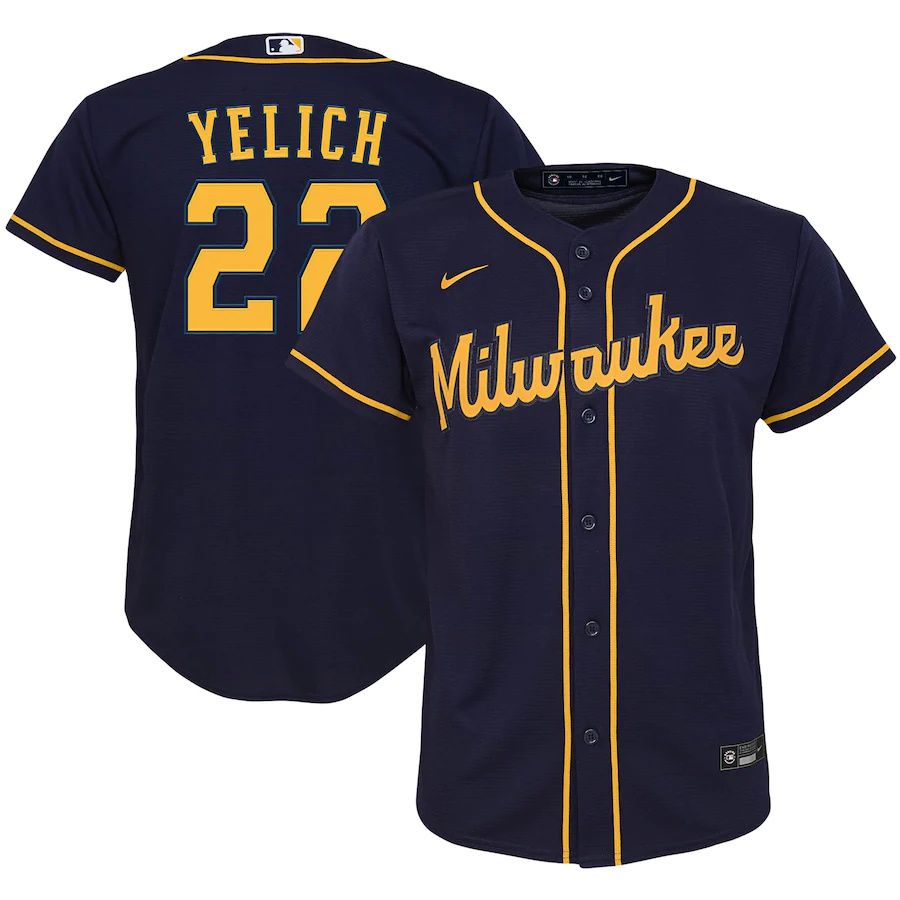 Youth Milwaukee Brewers 22 Christian Yelich Nike Navy Alternate Replica Player MLB Jerseys